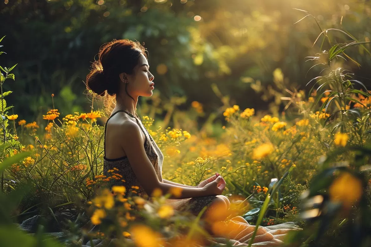 Woman peacefully meditating in a serene park with blooming flowers.