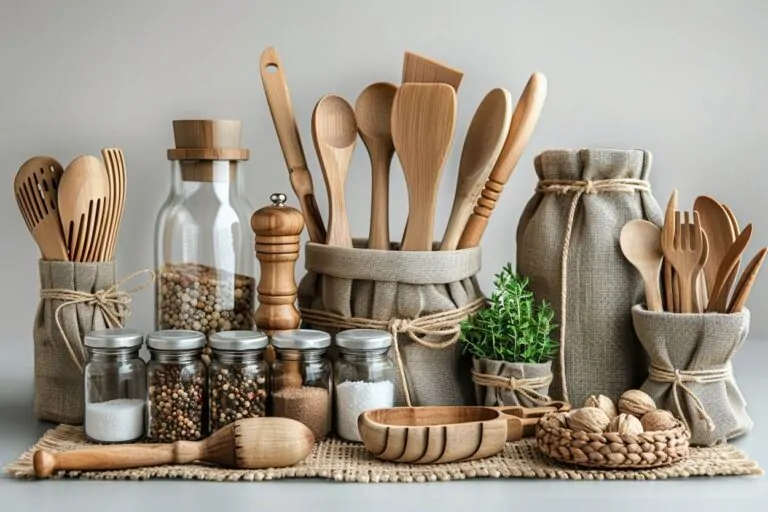 Une collection d’outils de cuisine fabriqués à partir de matériaux naturels, promouvant une approche durable pour cuisiner et dîner.