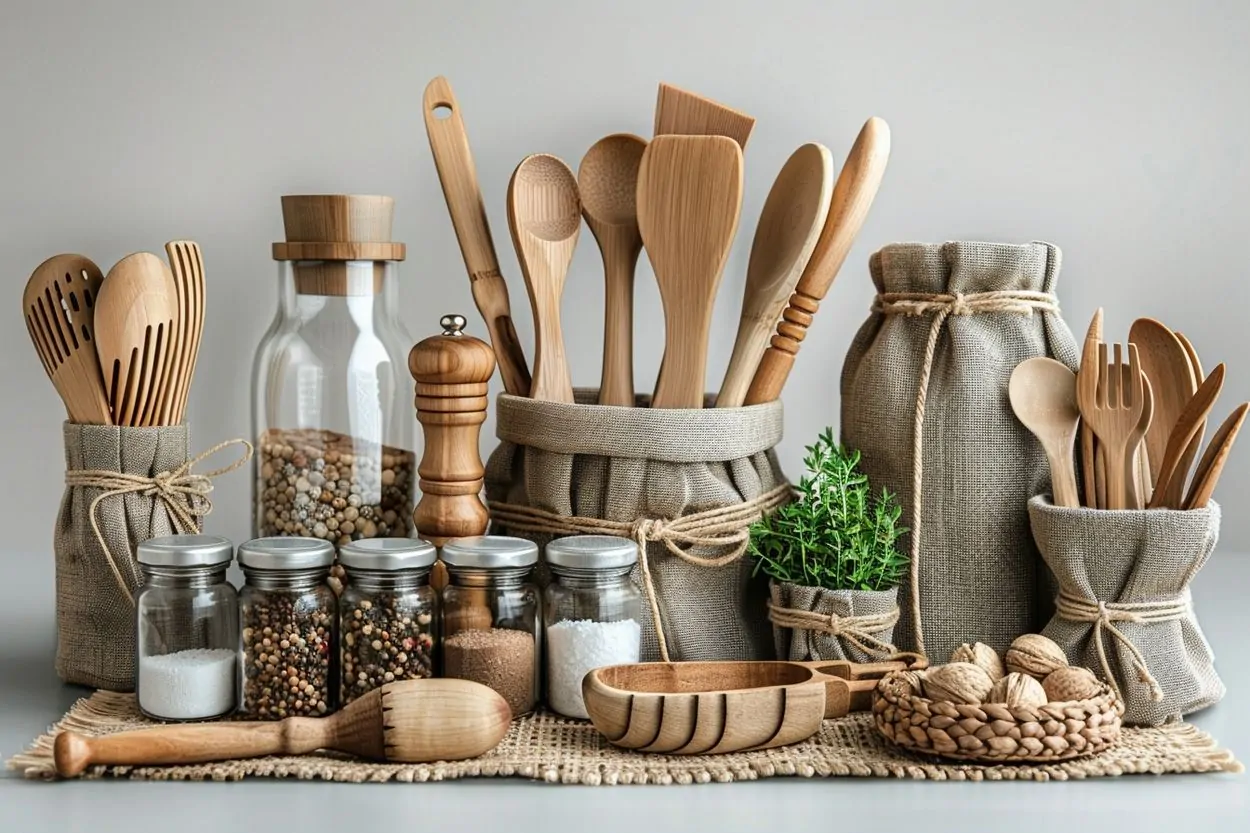 Une collection d’outils de cuisine fabriqués à partir de matériaux naturels, promouvant une approche durable pour cuisiner et dîner.