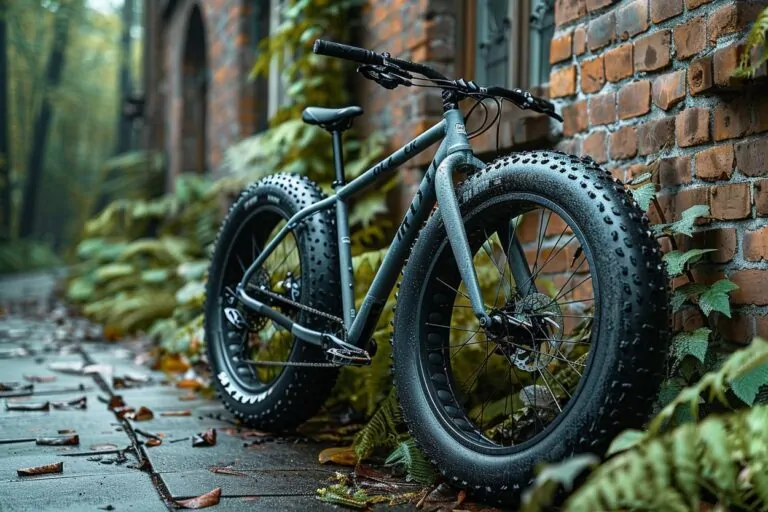 Vélos tout-terrain contre un mur de briques dans un parc avec végétation