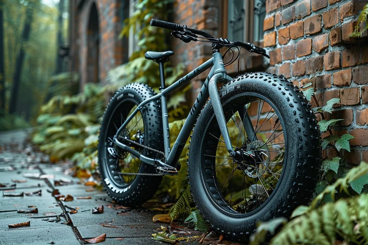Vélos tout-terrain contre un mur de briques dans un parc avec végétation