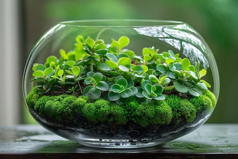 Image d'un terrarium en verre avec mousses vertes et plantes miniatures